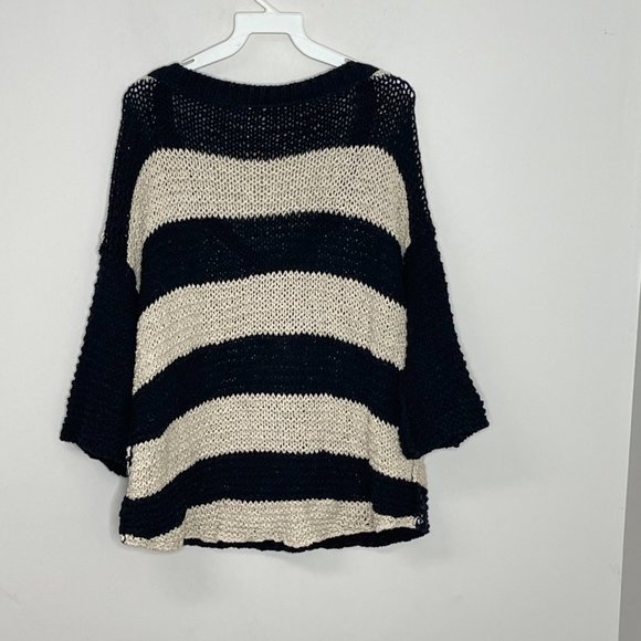 Free People Park Slope Tan & Black Knit Striped V Neck Sweater - Picture 3 of 5